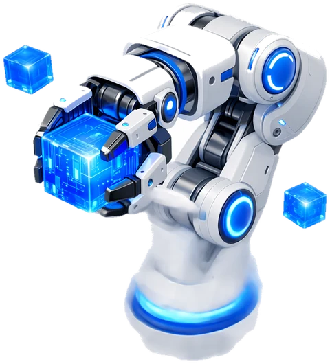 3D-Illustration: Roboterarm sortiert leuchtende Datenwürfel