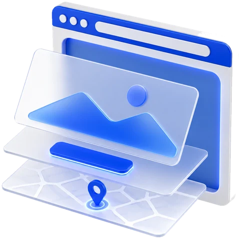3D-Illustration: Browserfenster mit schwebenden Website-Ebenen
