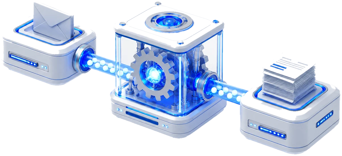 3D-Illustration: schwebende Automatisierungs-Anlage — Module verbunden durch leuchtende Röhren mit fließenden Datenpaketen